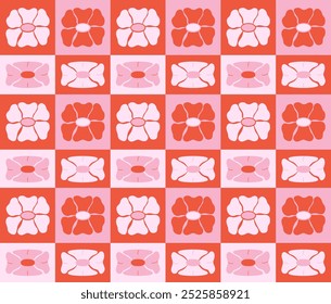 Seamless geometric pattern with abstract flowers in retro hippie style. Vector floral background. Vintage fashionable print with daisy flowers in 1970s style