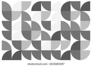 Seamless geometric pattern with abstract half circles in grayscale on white background.