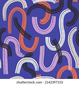 Seamless geometric pattern with abstract hand drawn zigzag shapes. Modern dark blue artistic background. Perfect for fabric design, wallpaper, apparel. Vector illustration