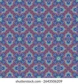 Seamless geometric pattern abstract with intricate kaleidoscopic patterns in lilac and pink tones. The design showcases symmetrical, repeating motifs with layered rhombuses.