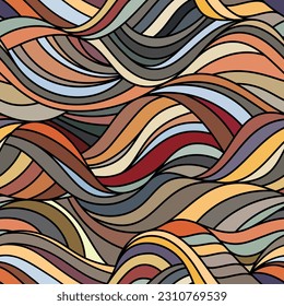 Seamless geometric pattern. Abstract multicolored sea waves on a black background. Graphic wavy texture. Retro style design. Vector image for packaging, wrapping, textile, and decorative projects.