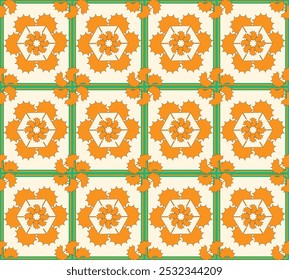 Seamless geometric pattern, with abstract orange shapes on light gray background. Vector illustration for textile, fabric, wallpaper design, wrapping paper