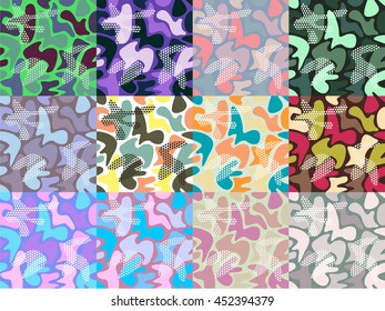 Seamless geometric pattern with abstract patterns of camouflage.
Colorful camouflage dotted background. Camouflage vector. Background for decoration and design printing. Different variants.