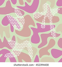 Seamless geometric pattern with abstract patterns of camouflage.
Colorful camouflage dotted background. Camouflage vector. Background for decoration and design printing. Vintage colors.