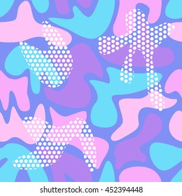 Seamless geometric pattern with abstract patterns of camouflage.
Colorful camouflage dotted background. Camouflage vector. Background for decoration and design printing. Baby colors.