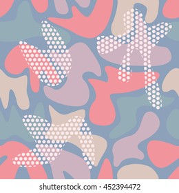 Seamless geometric pattern with abstract patterns of camouflage.
Colorful camouflage dotted background. Camouflage vector. Background for decoration and design printing. Vintage colors.