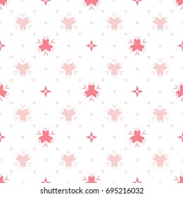 Seamless geometric pattern with abstract pink flower ornament and grid of dots. Pattern for fabric and clothing.Vector Illustration