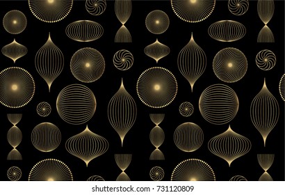 Seamless geometric pattern from abstract rounded shapes. Golden figures on a black background. Christmas pattern