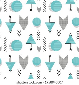 Seamless geometric pattern with abstract geometric shapes in Memphis style. A design element, a background for text, or a print for textiles. EPS10.
