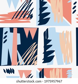 Seamless geometric pattern, abstract  shapes on a white background. Hand drawing. Design for textiles, wallpapers, printed products. Vector illustration