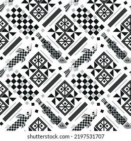 Seamless geometric pattern with abstract geometric shapes and Fish. Vector  monochrome figures. Bauhaus retro. Triangle, crosses, lines,
rhombit, squares.
For patterns, postter, textiles, wallpaper.