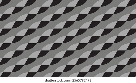 Seamless geometric pattern of abstract shapes arranged diagonally in a combination of black and gray