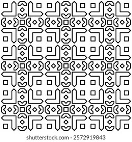 Seamless geometric pattern with abstract symmetrical shapes of lines in a grid layout.