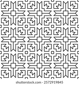 Seamless geometric pattern with abstract symmetrical shapes of lines in a grid layout.