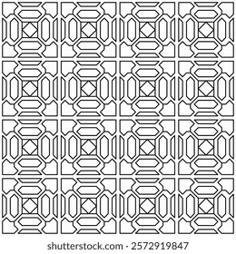 Seamless geometric pattern with abstract symmetrical shapes of lines in a grid layout.