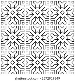 Seamless geometric pattern with abstract symmetrical shapes of lines in a grid layout.