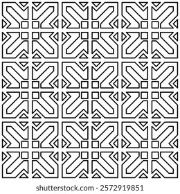 Seamless geometric pattern with abstract symmetrical shapes of lines in a grid layout.