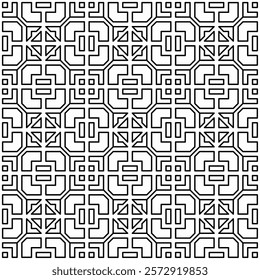 Seamless geometric pattern with abstract symmetrical shapes of lines in a grid layout.