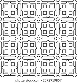 Seamless geometric pattern with abstract symmetrical shapes of lines in a grid layout.