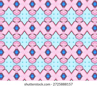Padrão geométrico contínuo com simetria abstrata em rosa pastel e azul, textura decorativa para fundo, papel de parede, têxtil, envoltório e design moderno.