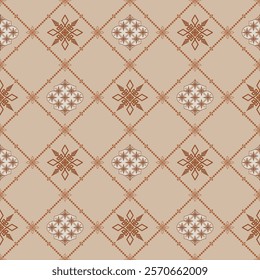 Seamless geometric pattern, Abstract vintage tile pattern, Decorative traditional ornament. A seamless vector pattern featuring a repeating geometric design in shades of brown.