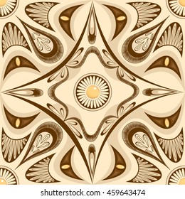 Seamless geometric pattern with accents in the form of precious stones. Doodles ornament on a yellow background. Abstract symmetrical background.