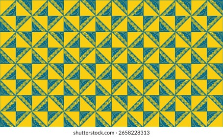 Patrón geométrico sin fisuras con triángulos alternados de color amarillo y verde azulado que forman azulejos cuadrados, algunos con motivos de líneas decorativas. Ideal para textiles, Fondos de pantalla y diseños de inspiración étnica