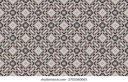 Padrão geométrico contínuo de quaisquer formas quadradas e linhas retas e curvas com detalhes intrincados, mas ordenados, em tons de marrom, preto e branco.

