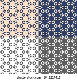 Patrón geométrico sin foco en estilo árabe con polígono, estrella. Textura extensible vectorial para papel de pared, embalaje, invitación, impresión de tela. fondo beige, azul y monocromo. Inversión de color.