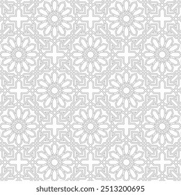 Padrão geométrico contínuo em estilo árabe, consistindo de linhas entrelaçadas em um fundo branco. Adequado para vários projetos criativos ou elementos decorativos.