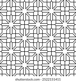 Seamless geometric pattern in arabic style, with black and white shades. Suitable for various creative projects or decorative elements.