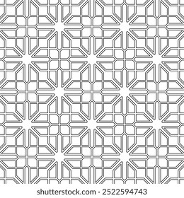 Nahtloses geometrisches Muster im arabischen Stil, mit schwarz-weißen Farbtönen. Geeignet für verschiedene kreative Projekte oder dekorative Elemente.
