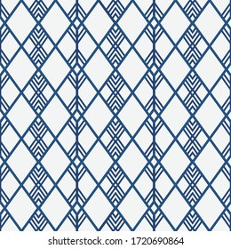 Seamless geometric pattern in art deco style. Abstract geometric pattern with rhombuses in blue on light gray. Graphic modern texture for wallpaper, fabric, website background. Vector illustration