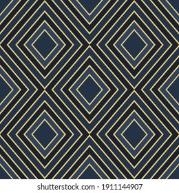 Nahtlose geometrische Muster im Art-Deco-Stil, blau-goldener Vektorhintergrund, Tapete, Stoff, Vintage-Ornament 