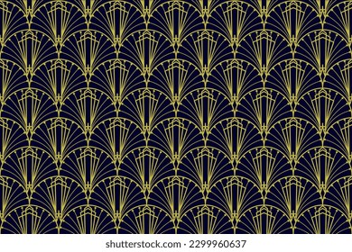 Seamless geometric pattern with art deco style peace lily flowers and gold line art on blue background. Ideal for fabric, wallpaper, phone case, wrapping paper, notebook cover and more.