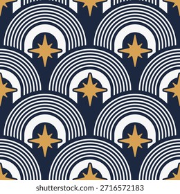 Patrón geométrico sin fisuras con arcos art déco y estrellas doradas sobre fondo marino oscuro. Elegante patrón de Vector de estilo art déco para textiles, tela.