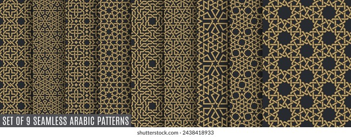 Seamless geometric pattern in authentic arabian style. 9 items set