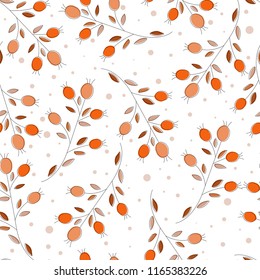 Seamless geometric pattern of autumn leaves and berries. Vector hand drawn pattern with autumn elements contours.  Eps 10.