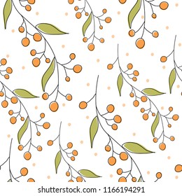 Seamless geometric pattern of autumn leaves and berries. Vector hand drawn pattern with autumn elements contours.  Eps 10.