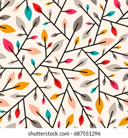 Seamless geometric pattern of autumn leaves and twigs.Vector