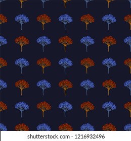 Seamless geometric pattern with autumn viburnum berries on dark background. Orange, red and blue colors. Repeat botanical pattern. Vector illustration.