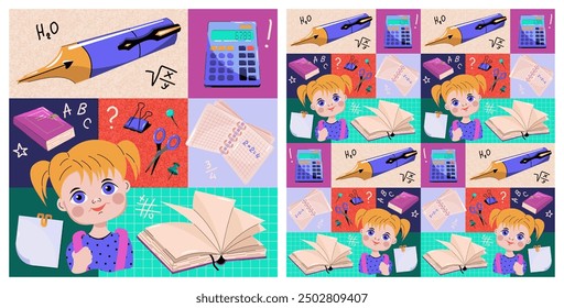 Seamless, geometric pattern Back to school, poster, cover, postcard. Concept of primary and secondary education. School supplies and accessories.