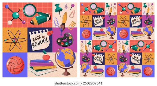 Seamless, geometric pattern Back to school, poster, cover, postcard. Concept of primary and secondary education. School subjects and accessories.