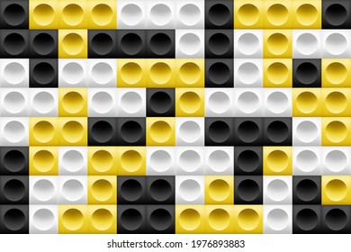 Seamless geometric pattern background. 3D blocks, squares and circles, yellow, white, black gradients. Art elements for design tile, cover, poster, textile, flyer, banner, wall. Vector illustration.