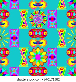 Seamless geometric pattern. Background is azure. Square  placement of details