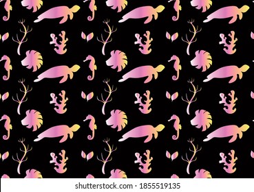 Seamless geometric pattern background. Caretta caretta, lion, submarine, stingray. For children's room or clothes. Vector. EPS 10.