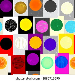 seamless geometric pattern background, with circles, squares, paint strokes and splashes, art inspired