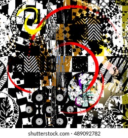 seamless geometric pattern background, with circles, flowers, strokes and splashes, black and white