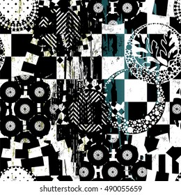 seamless geometric pattern background, with circles, strokes and splashes, black and white