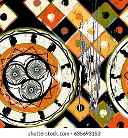 seamless geometric pattern background, with circles, squares, paint strokes and splashes